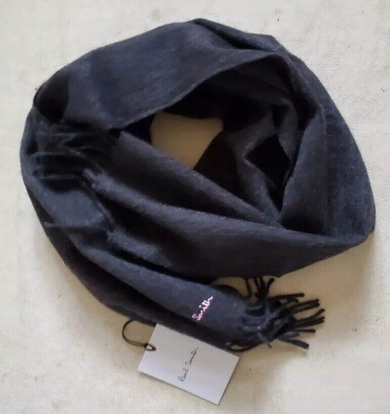 PAUL SMITH Scarf Mens Charcoal Grey Pure Lambswool Embroidered Logo Handmade UK