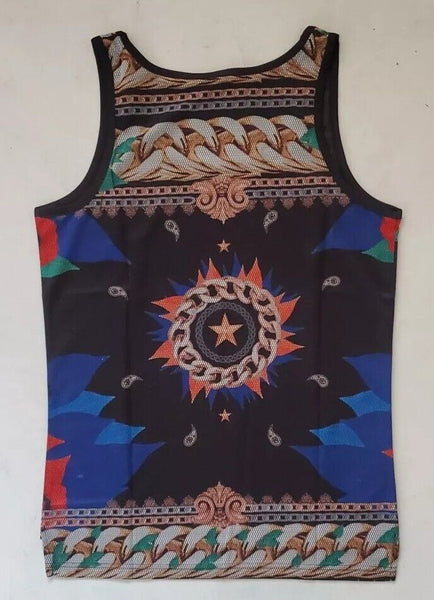 Designer Vest T Shirt Mens L Italian Geometric Star Cotton Lycra Stretch