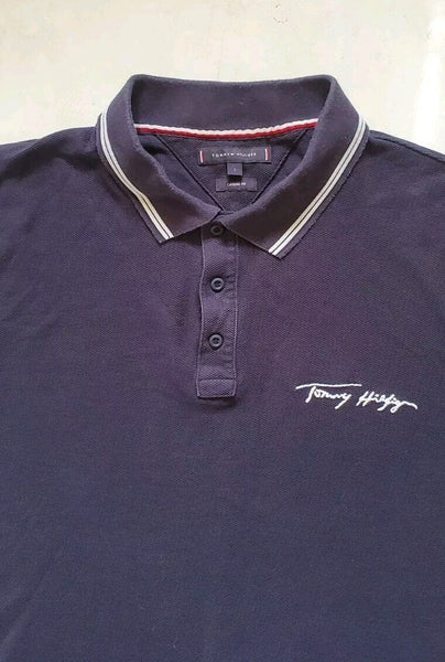 Vintage TOMMY HILFIGER Polo Shirt Mens L Casual Fit Navy Blue Signature Logo 90s