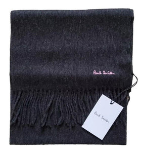 PAUL SMITH Scarf Mens Charcoal Grey Pure Lambswool Embroidered Logo Handmade UK