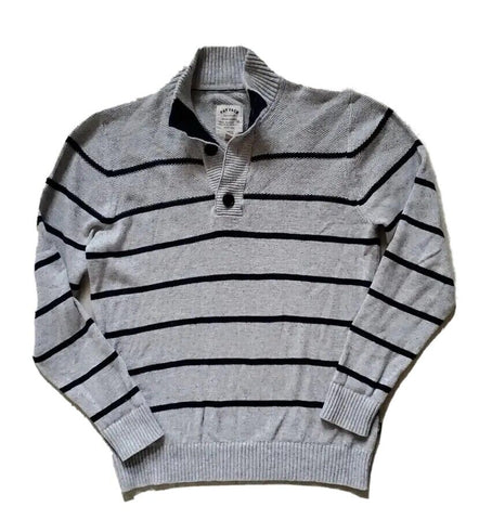 FAT FACE Jumper Sweater Mens M Grey Black Stripes Button Collar