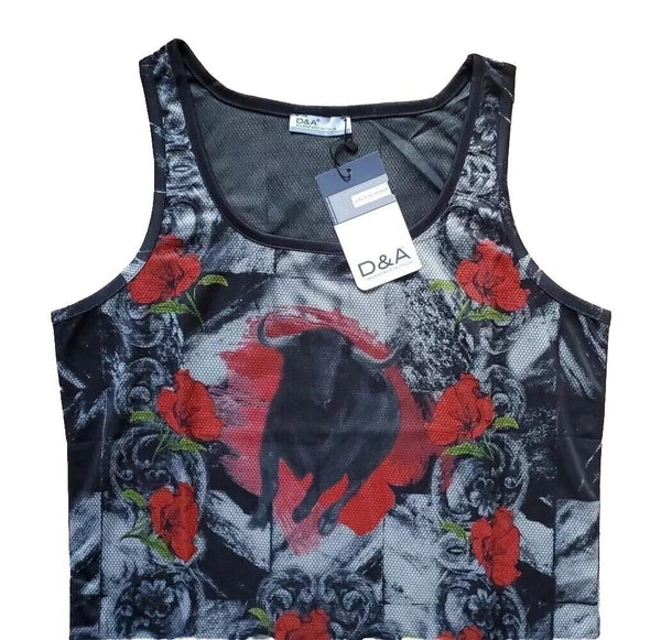 Designer Vest T Shirt Italian Bull and Roses Mens XL Cotton Lycra Stretch