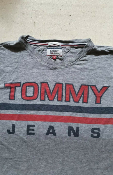 Vintage TOMMY HILFIGER T Shirt Tshirt Mens M Grey Spellout Logo Tommy Jeans 90s