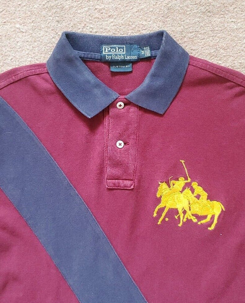 RALPH LAUREN Polo Shirt Mens M Burgundy Cotton with Blue Sash Custom Fit