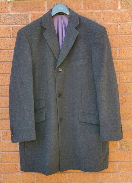 Vintage Greenwoods Overcoat Long Coat Mens XL Charcoal Grey Cashmere Wool