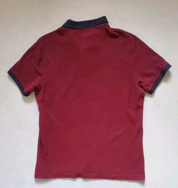 BARBOUR Polo Shirt Mens L Slim Fit Burgundy With Navy Trim