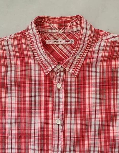 LEVIS Shirt Short Sleeved Mens L Regular Fit Red White Check Cotton