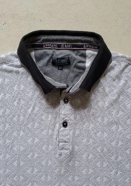 ARMANI AJ Polo Shirt Mens L Regular Fit White Cotton Grey Chevrons Black Trim