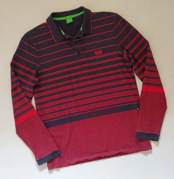 HUGO BOSS Polo Shirt Long Sleeved Mens S Red Blue Gradated Stripes Green Label