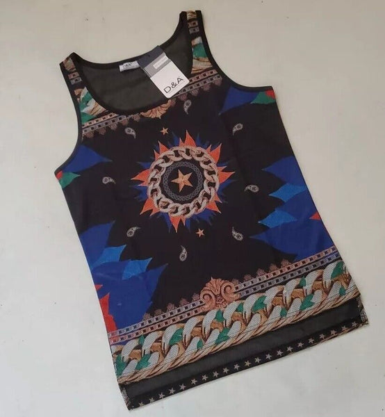 Designer Vest T Shirt Mens L Italian Geometric Star Cotton Lycra Stretch