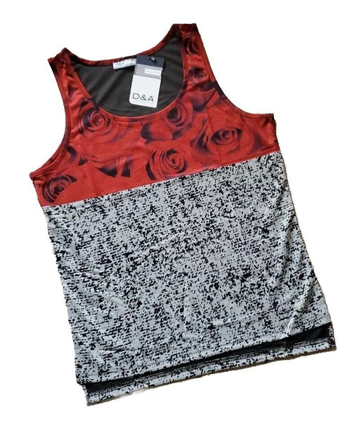 Designer Vest T Shirt Mens XXL Italian Abstract Roses Cotton Lycra Stretch