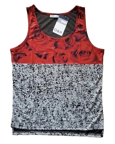 Designer Vest T Shirt Mens XL Italian Abstract Roses Cotton Lycra Stretch