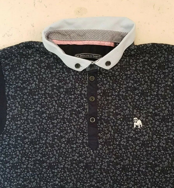 THE SPITALFIELDS POLO SHIRT Mens S Regular Floral Navy Blue Cotton Bulldog Logo