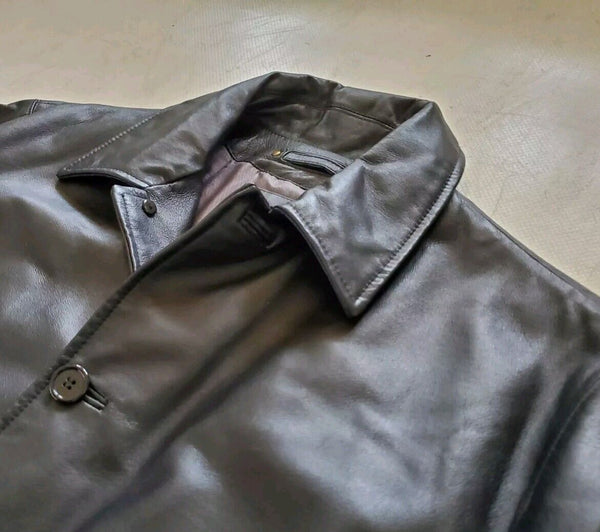 Mens Black Leather Jacket Field Coat XL Quilted Lining 1860 - New Never Worn