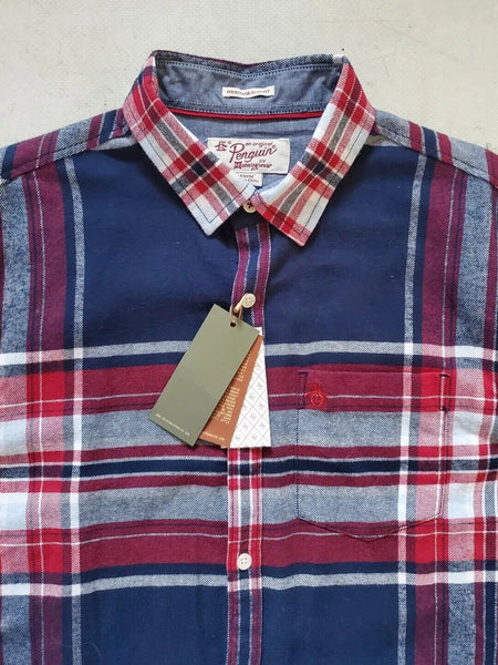 PENGUIN Shirt Mens M Heritage Slim Fit Flannel Red Blue Broad Check