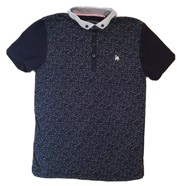 THE SPITALFIELDS POLO SHIRT Mens S Regular Floral Navy Blue Cotton Bulldog Logo