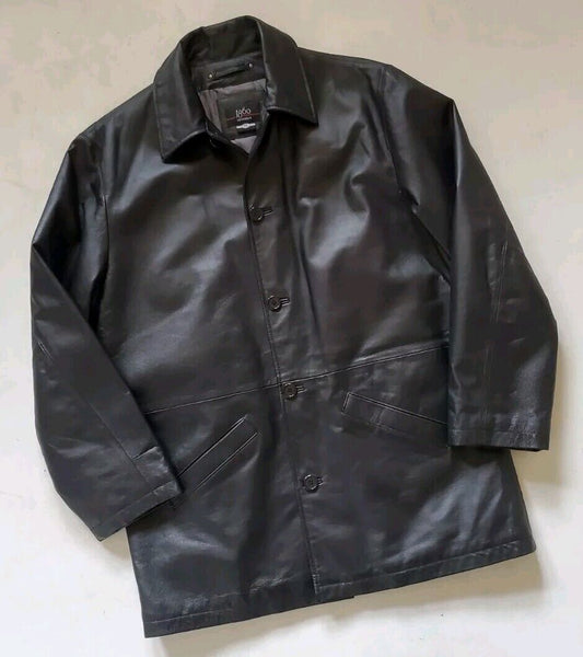 Mens Black Leather Jacket Field Coat XL Quilted Lining 1860 - New Never Worn