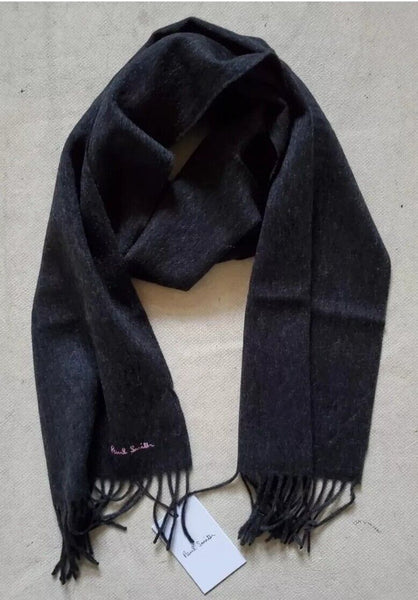 PAUL SMITH Scarf Mens Charcoal Grey Pure Lambswool Embroidered Logo Handmade UK