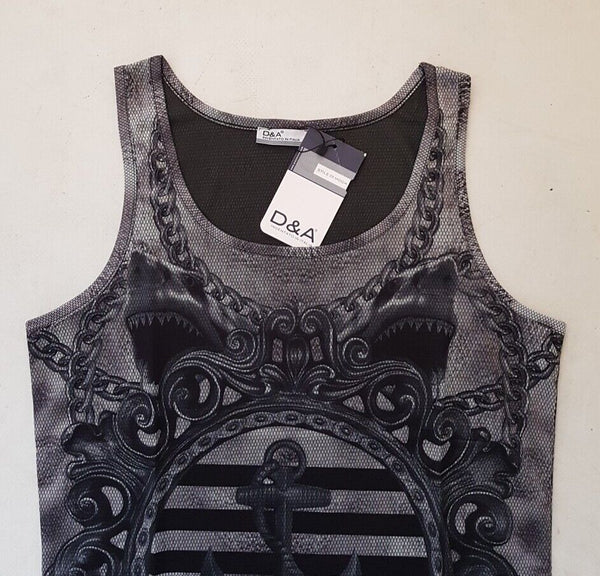 Designer Vest T Shirt Mens L Italian Black Anchor Cotton Lycra Stretch