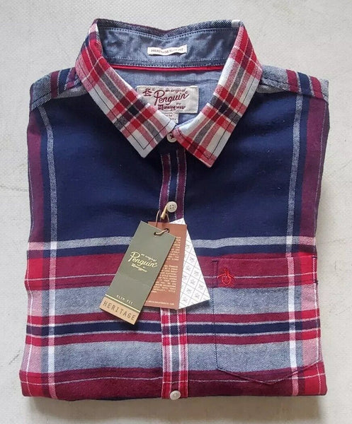 PENGUIN Shirt Mens M Heritage Slim Fit Flannel Red Blue Broad Check