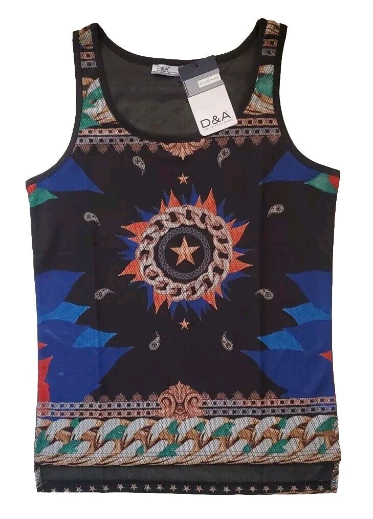 Designer Vest T Shirt Mens L Italian Geometric Star Cotton Lycra Stretch