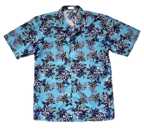 Vintage HAWAIIAN SHIRT 1970's Made In Hawaii Mens L Blue Bougainvillea Floral