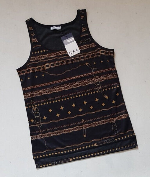 Designer Vest T Shirt Mens M Italian Geometric Chains Black Gold Cotton Lycra