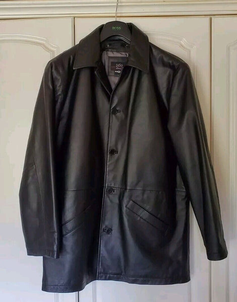 Mens Black Leather Jacket Field Coat XL Quilted Lining 1860 - New Never Worn