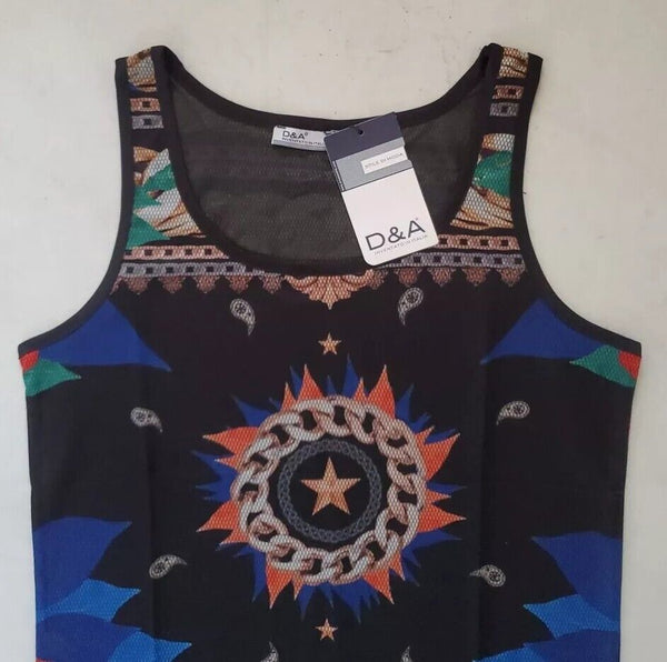 Designer Vest T Shirt Mens L Italian Geometric Star Cotton Lycra Stretch