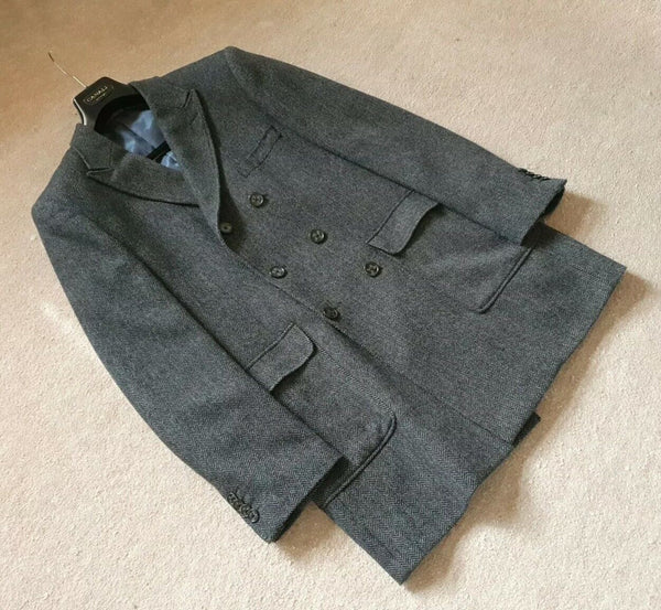 ASPEN COURT Trench Coat Overcoat Mens L Wool Blend Slate Grey Herringbone Weave