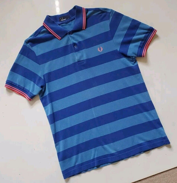 FRED PERRY Polo Shirt Mens S Regular Fit Blue Striped Cotton Trim In Pink