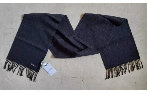 PAUL SMITH Scarf Mens Charcoal Grey Pure Lambswool Embroidered Logo Handmade UK