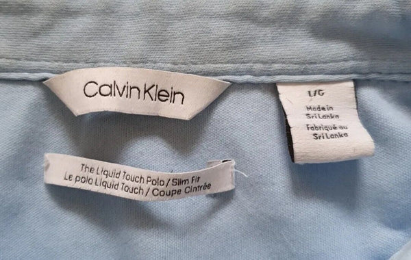 CALVIN KLEIN Polo Shirt Mens L Liquid Touch Slim Fit Pale Blue Jersey