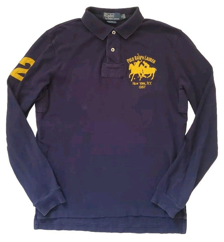 RALPH LAUREN Polo Shirt New York Mens M Custom Fit Navy Blue Long Sleeve - Rare