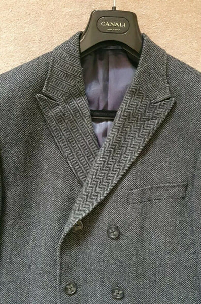 ASPEN COURT Trench Coat Overcoat Mens L Wool Blend Slate Grey Herringbone Weave