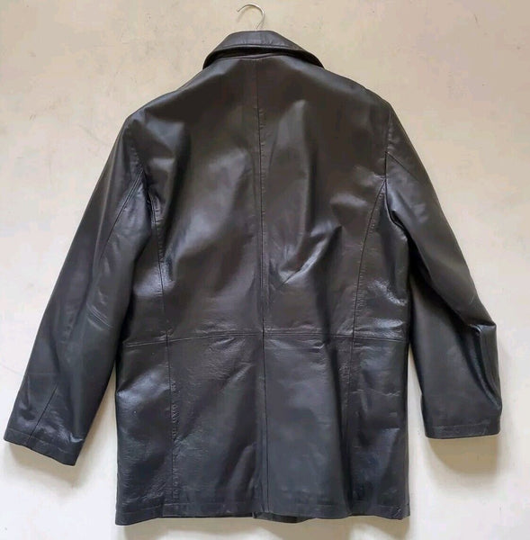 Mens Black Leather Jacket Field Coat XL Quilted Lining 1860 - New Never Worn