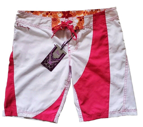 Womens Bermuda Shorts UK 10 White Pink Floral Drunkn Munky