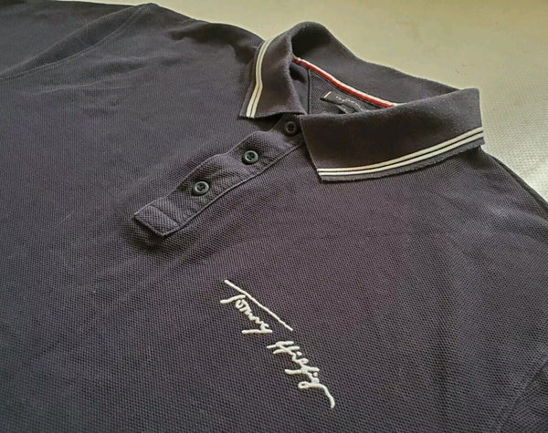 Vintage TOMMY HILFIGER Polo Shirt Mens L Casual Fit Navy Blue Signature Logo 90s