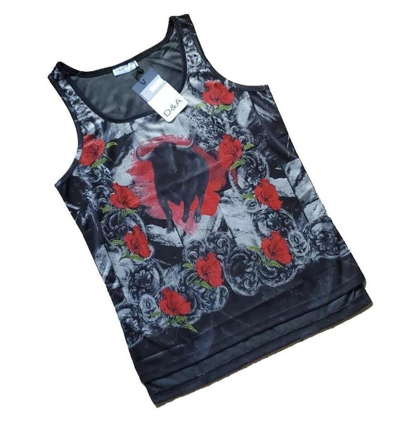 Designer Vest T Shirt Italian Bull and Roses Mens XL Cotton Lycra Stretch