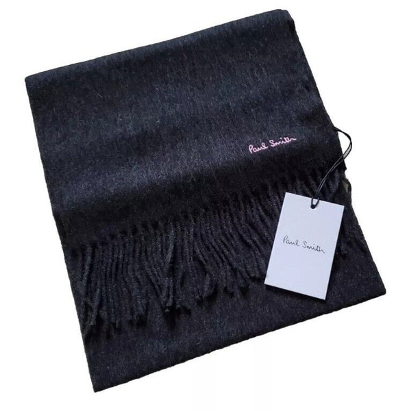 PAUL SMITH Scarf Mens Charcoal Grey Pure Lambswool Embroidered Logo Handmade UK