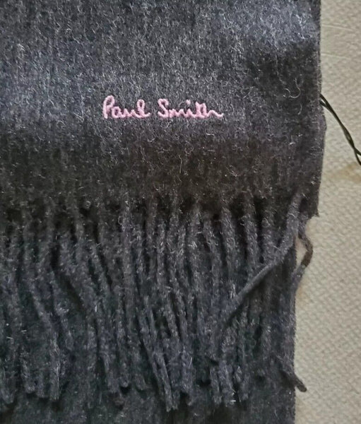 PAUL SMITH Scarf Mens Charcoal Grey Pure Lambswool Embroidered Logo Handmade UK