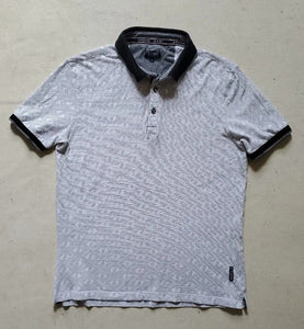 ARMANI AJ Polo Shirt Mens L Regular Fit White Cotton Grey Chevrons Black Trim