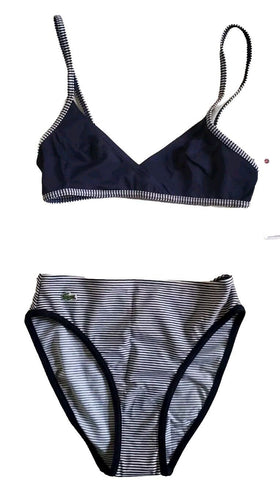 LACOSTE Bikini Swimsuit Marino 2 Piece Size XS Navy Blue Stripe New With Pouch