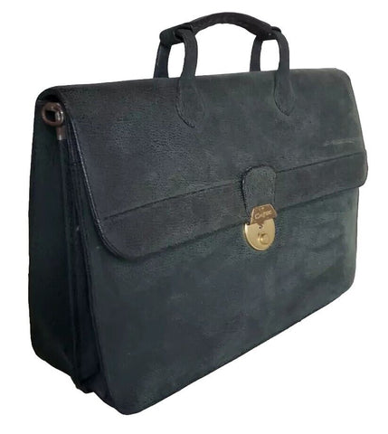 Vintage Satchel Laptop Bag British Racing Green Pebbled Nubuck Leather 1990's