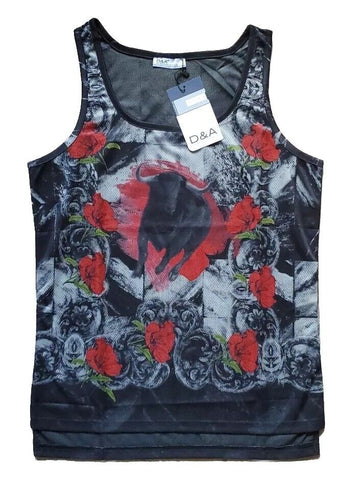Designer Vest T Shirt Italian Bull and Roses Mens XL Cotton Lycra Stretch