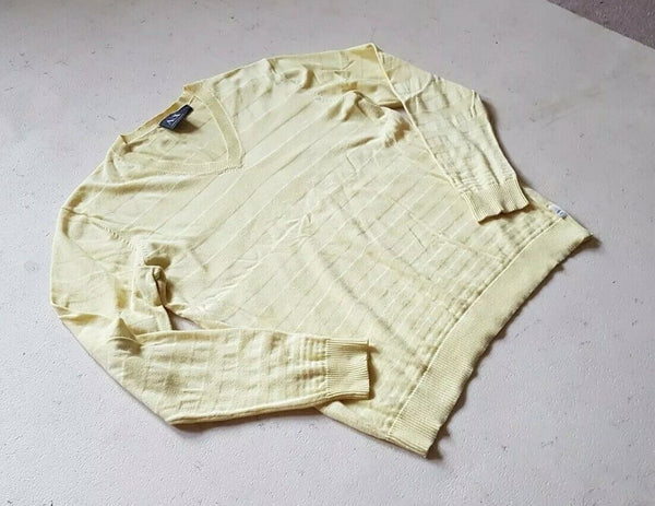 ARMANI Jumper Sweater Mens M Yellow Cotton Blend V Neck Textured Fine Knit