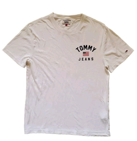 TOMMY HILFIGER T Shirt Tshirt Mens L White Cotton Spellout Logo Vintage 90s