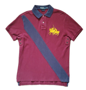 RALPH LAUREN Polo Shirt Mens M Burgundy Cotton with Blue Sash Custom Fit