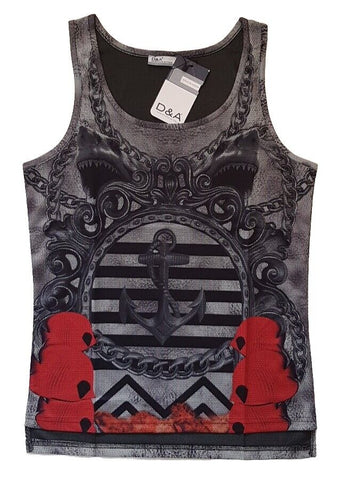 Designer Vest T Shirt Mens XXL Italian Black Anchor Cotton Lycra Stretch