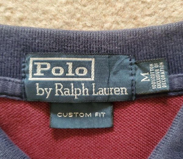 RALPH LAUREN Polo Shirt Mens M Burgundy Cotton with Blue Sash Custom Fit